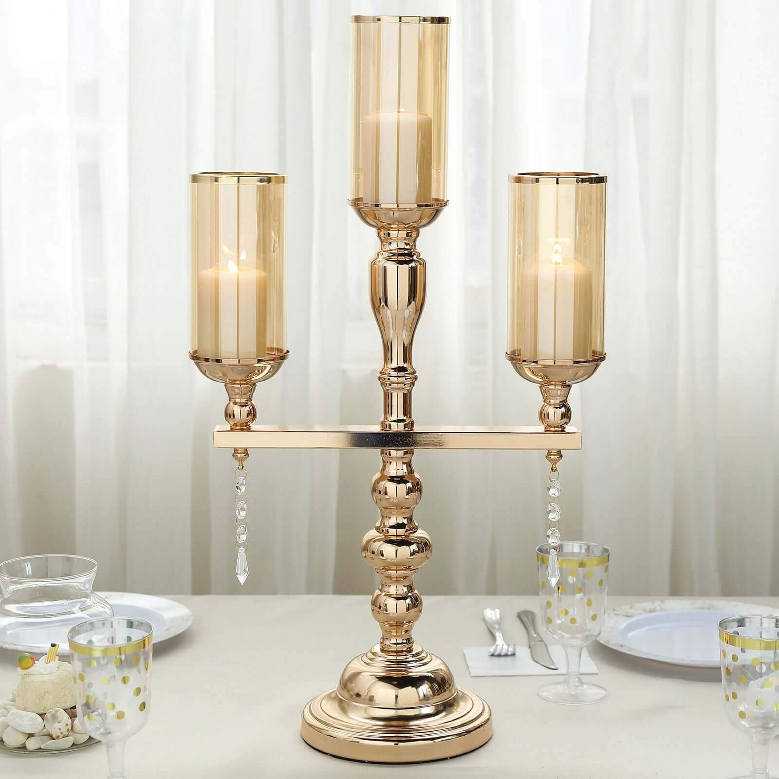 3-Arm Gold Metal Candelabra with Amber Glass Shades - Sophisticated Table Centerpiece for Events